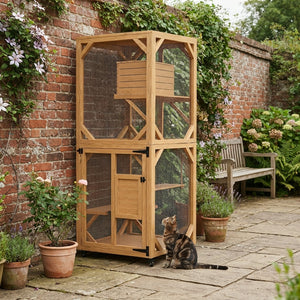 YODOLLA 60" Tall Catio Outdoor Cat Enclosure, Wooden Cat House, Natural