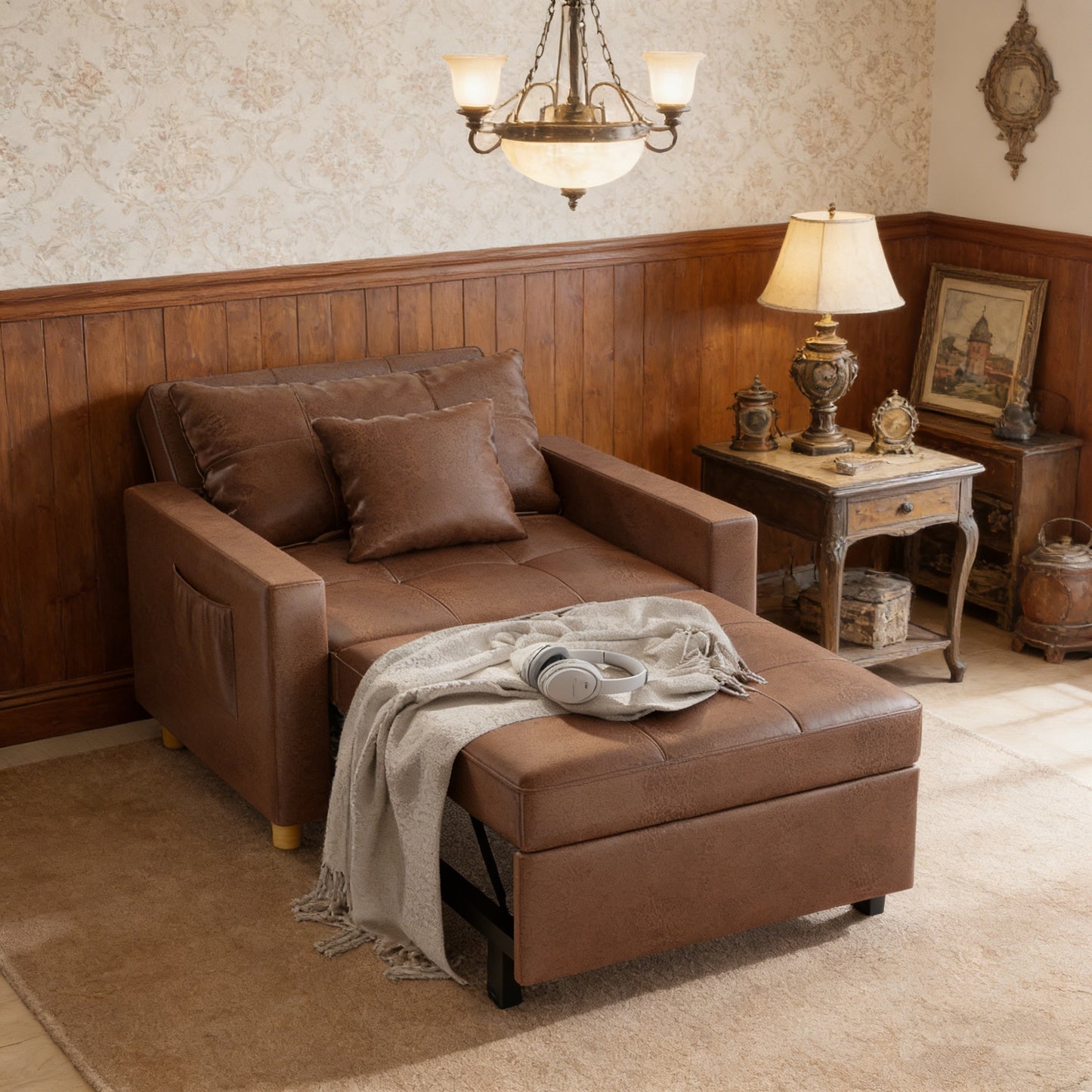 YODOLLA 36" Convertible Chair Bed, Saddle Brown