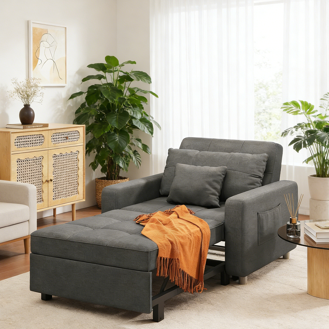 YODOLLA Sleeper Chair, 3-1 Convertible Chair Bed Pull Out Single Sofa Bed, Modern Grey