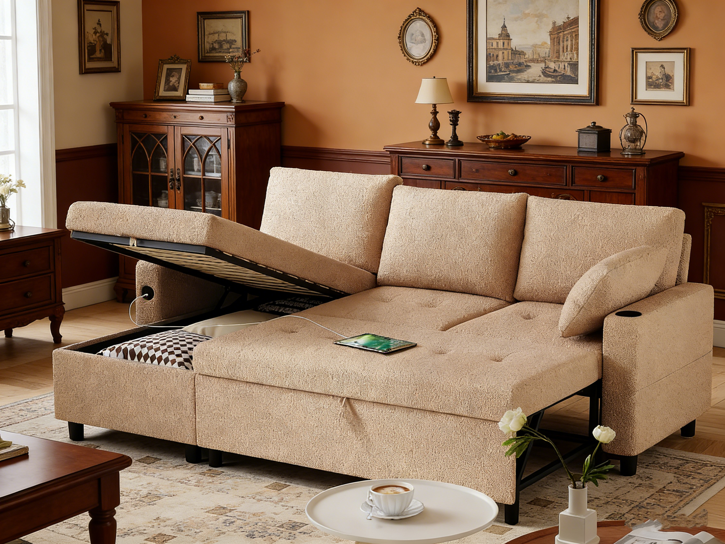 YODOLLA 83.5" Teddy Fleece Sleeper Sofa Sectional Sofa Bed Couches, Beige