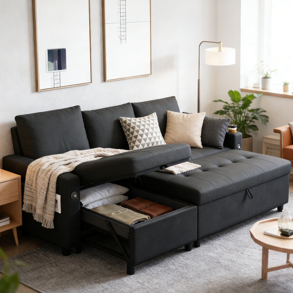 YODOLLA L-Shaped Sleeper Sofa, Pullout Bed, USB & Storage, Black