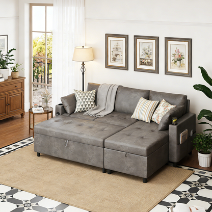 YODOLLA Faux Leather L-Shaped Sleeper Sofa, Pullout Bed, USB & Storage, Gray