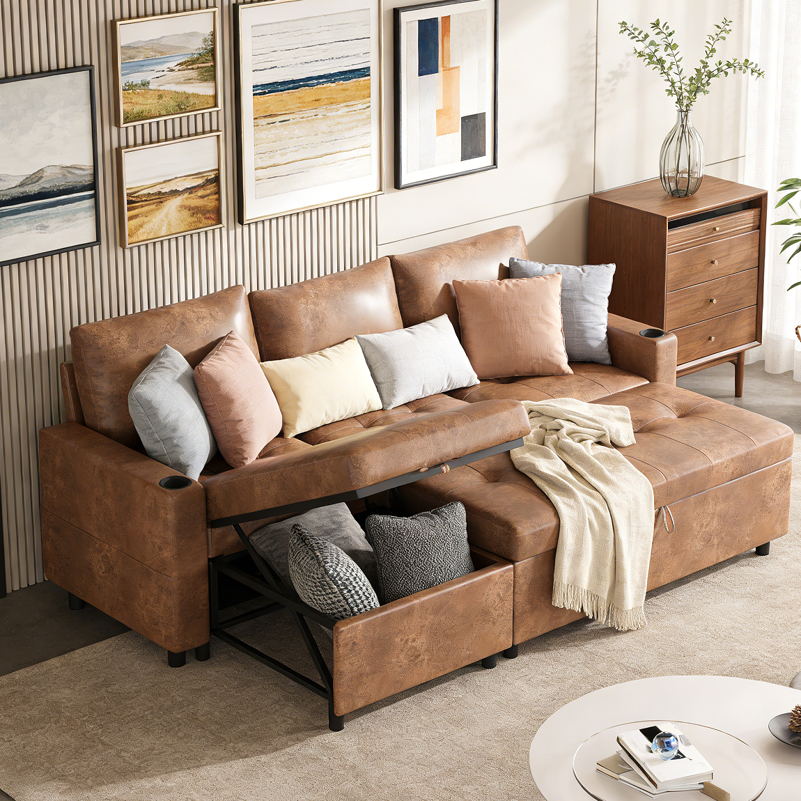 YODOLLA Faux Leather L-Shaped Sleeper Sofa, Pullout Bed, USB & Storage, Brown