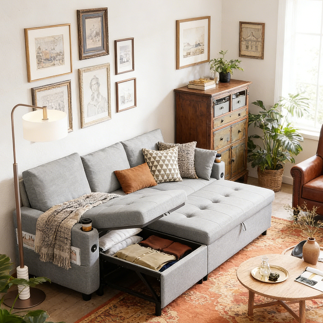 YODOLLA L-Shaped Sleeper Sofa, Pullout Bed, USB & Storage, Grey