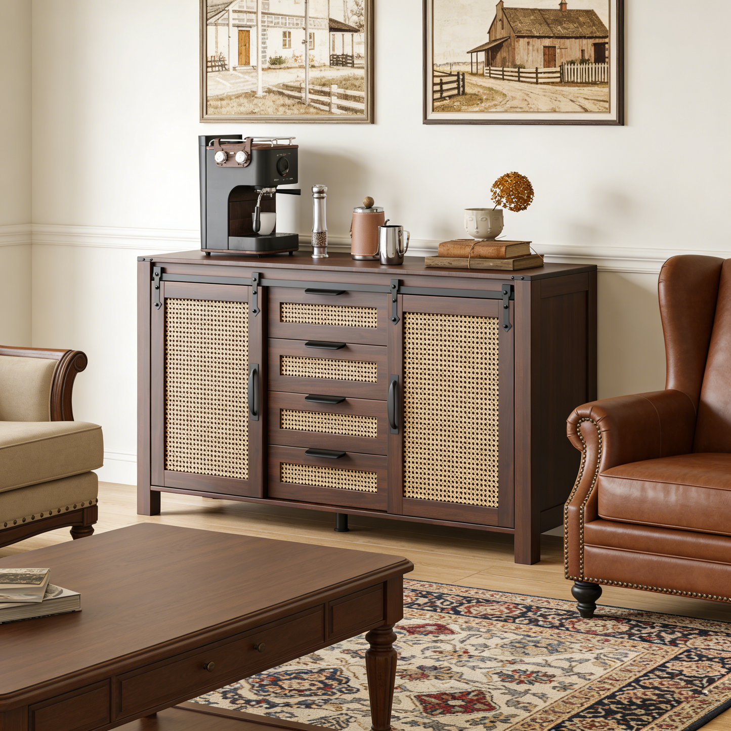 YODOLLA Rattan Sideboard Buffet Cabinet Wicker Kitchen Cabinet