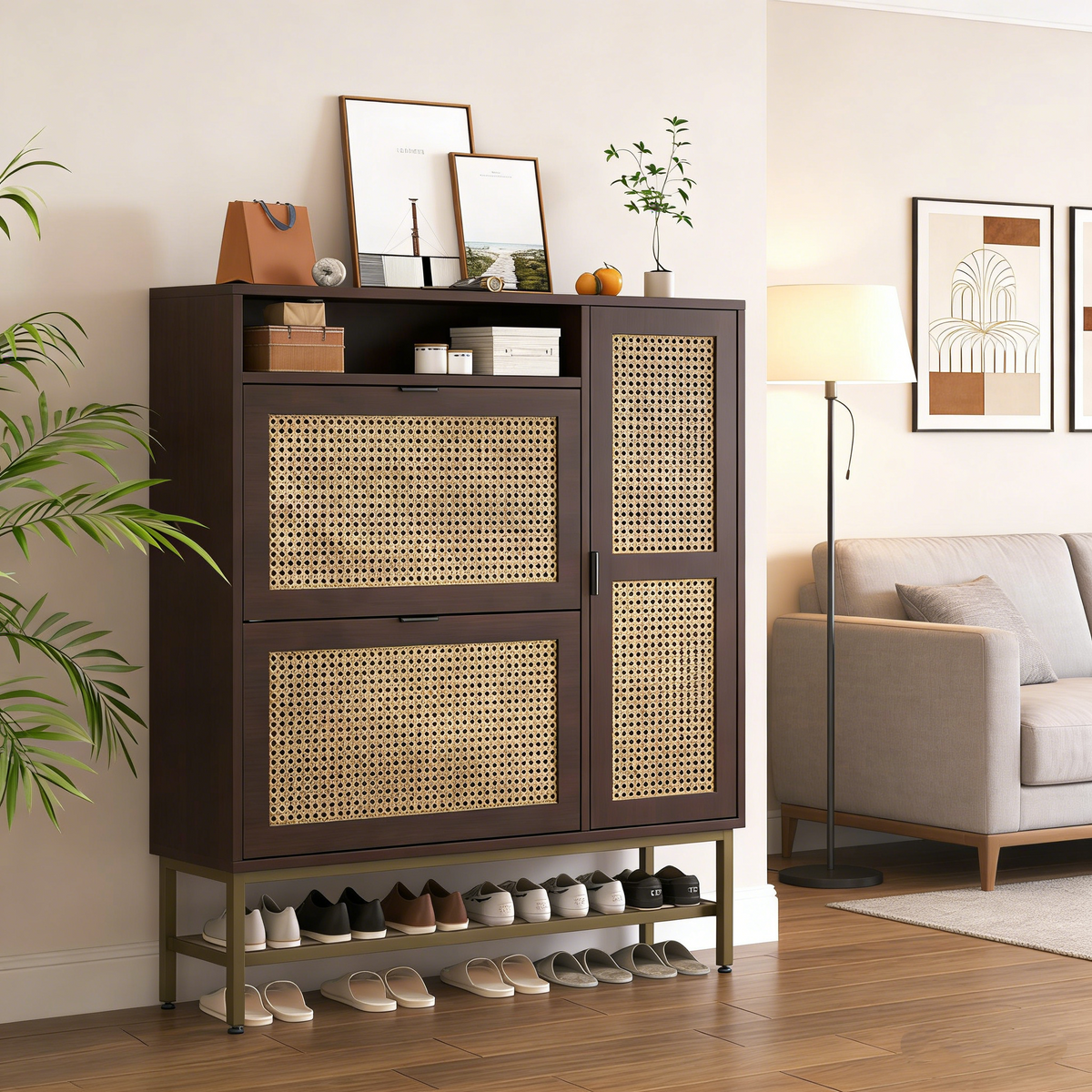 YODOLLA Rattan Shoe Cabinet Storage Organizer with 2 Tilt Drawers Living Room