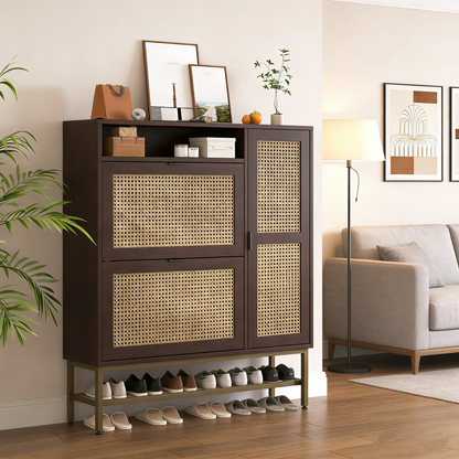 YODOLLA Rattan Shoe Cabinet Storage Organizer with 2 Tilt Drawers Living Room