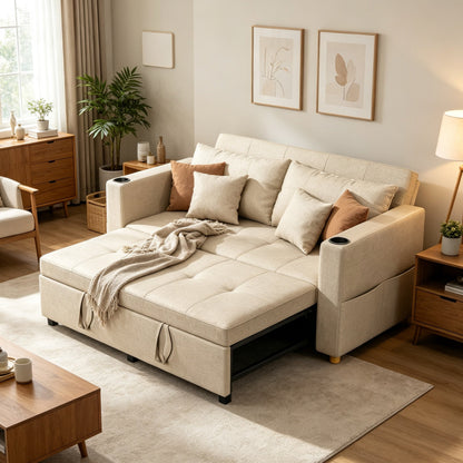 YODOLLA Sleeper Chair Bed, 63" Extra Wide Convertible Sofa Bed for Adults, Beige