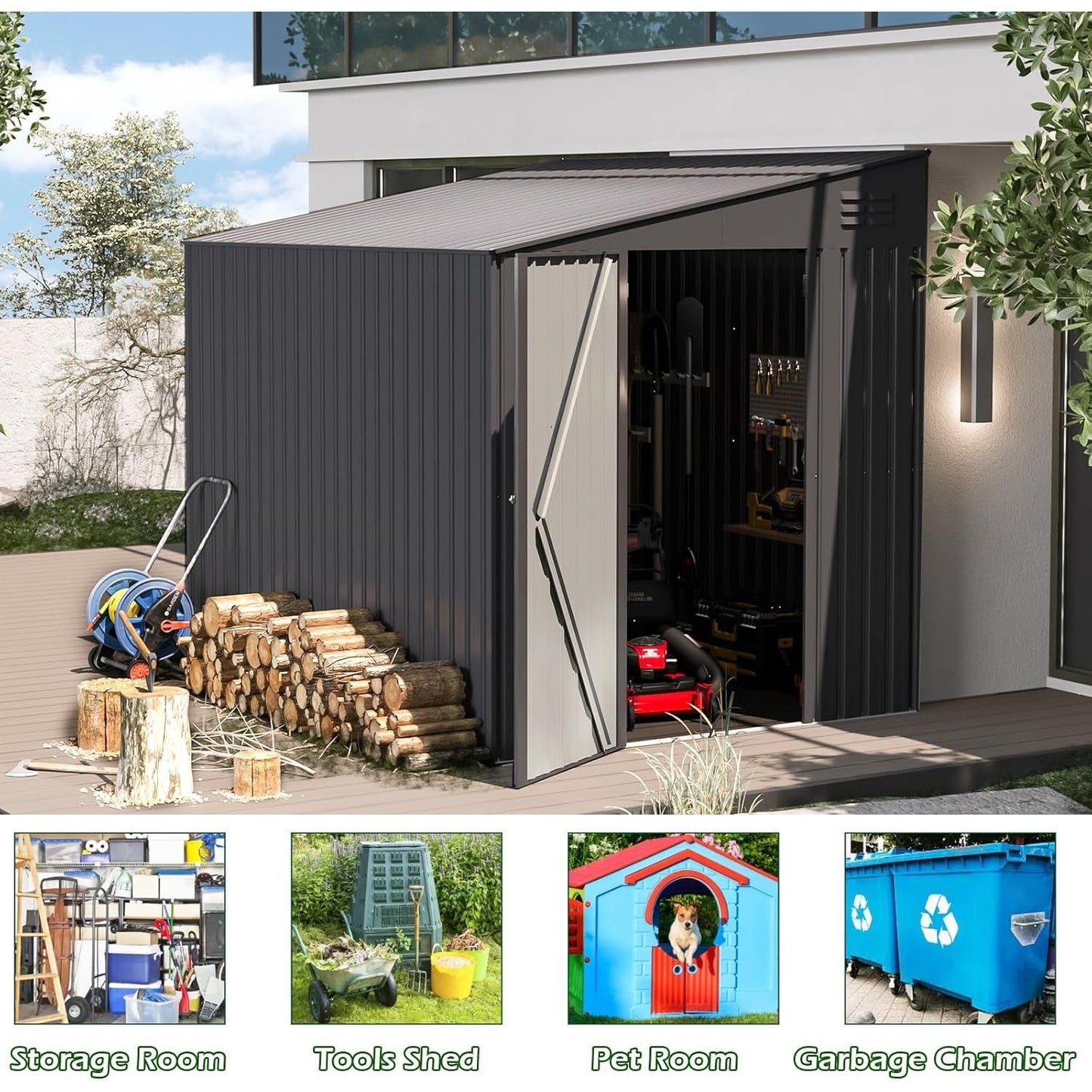 YODOLLA Outdoor 6' x 8' Metal Wall Side Lean to Storage Shed, Dark Gray