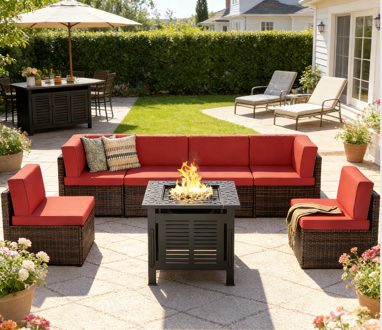 YODOLLA 7 Piece Outdoor Patio Furniture Set, Brown & Red