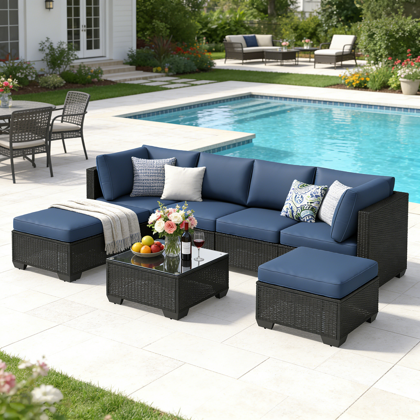 YODOLLA 7 Piece Outdoor Patio Furniture Set, Black & Dark Blue