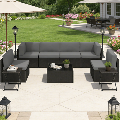 YODOLLA 7-Piece Outdoor Patio Furniture Set with Cushions and Tea Table, Black & Grey