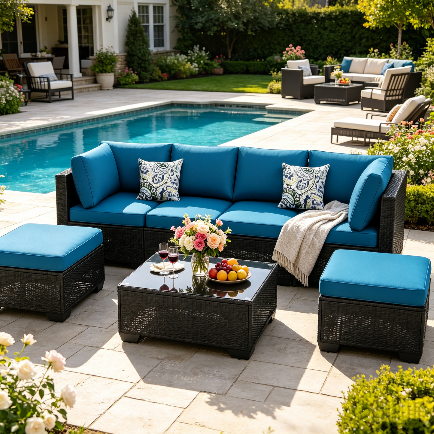 YODOLLA 7 Piece Outdoor Patio Furniture Set, Black & Blue