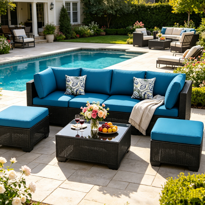 YODOLLA 7 Piece Outdoor Patio Furniture Set, Black & Blue