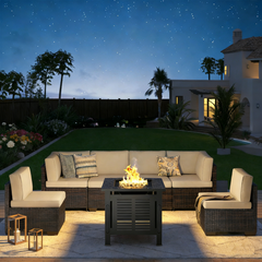 YODOLLA 8 Piece Outdoor Patio Furniture Set with Extra 43 Inch Fire Pit Table, Beige