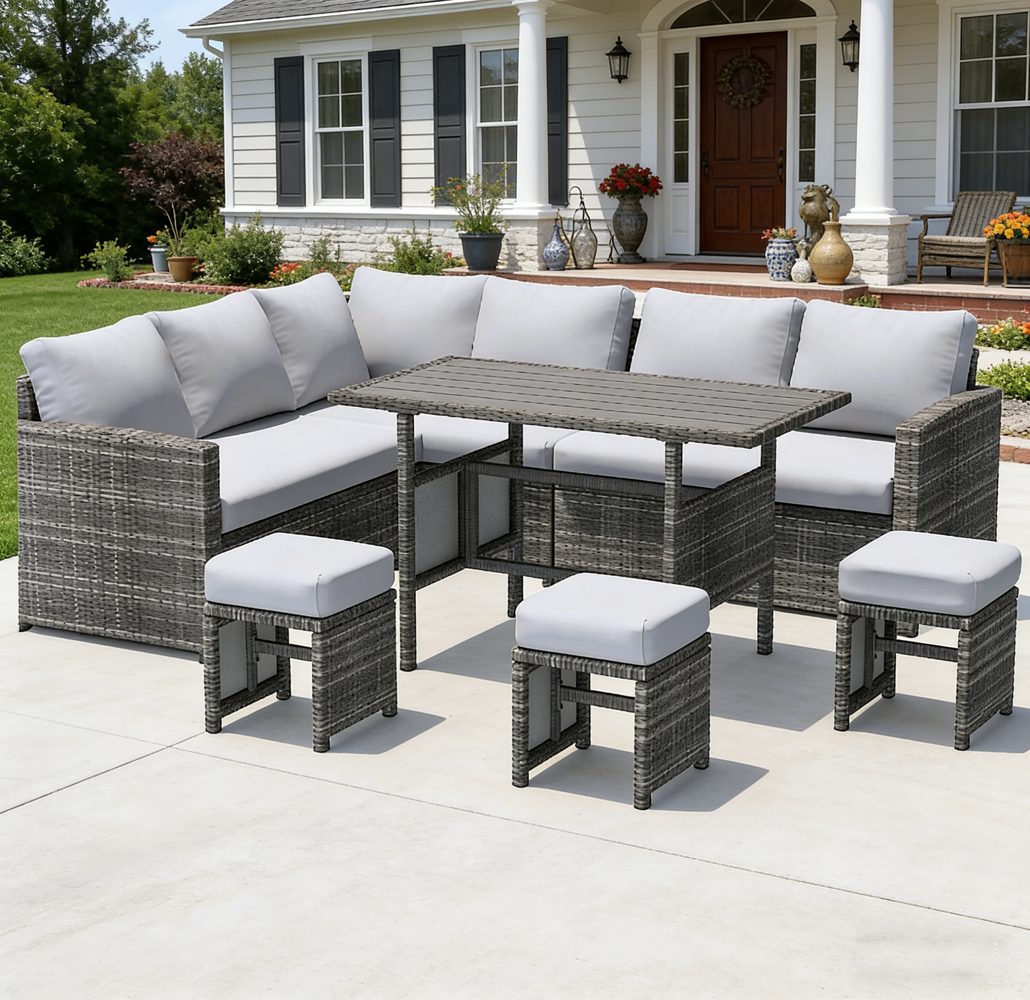 YODOLLA 7 Pieces Outdoor Wicker Rattan Dining Sofa Set, Light Grey