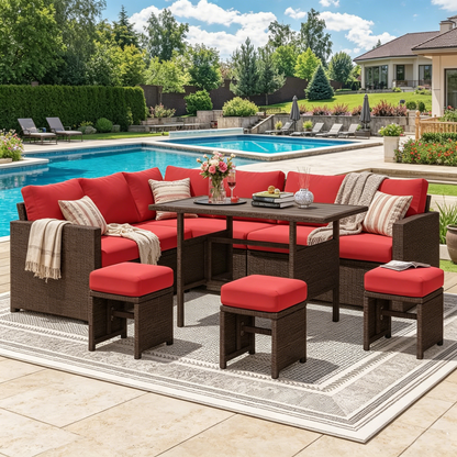 YODOLLA 7-Pc Patio Furniture Set Sectional Sofa Set with Dining Table, Brown Rattan & Red Cushion