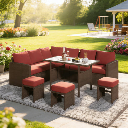 YODOLLA 7 Pieces Outdoor Wicker Rattan Furniture Set, Brown & Wine Red