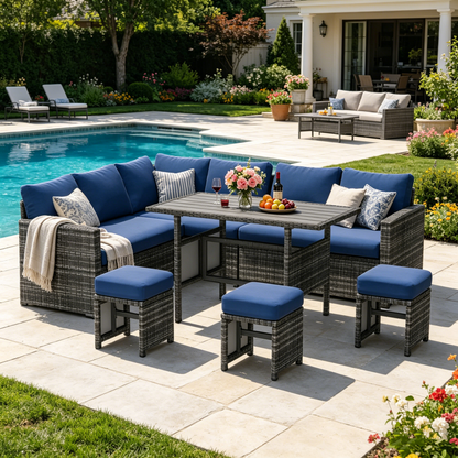 YODOLLA 7-Pc Patio Set, Grey Rattan & Blue Cushion