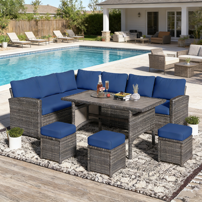YODOLLA 7-Pc Patio Set, Grey Rattan & Blue Cushion
