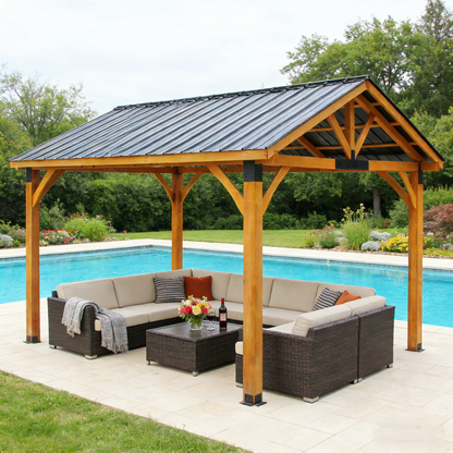 YODOLLA 14' x 12' Wooden Gazebo with Thermal Insulated Polycarbonate Pyramid Hip Roof