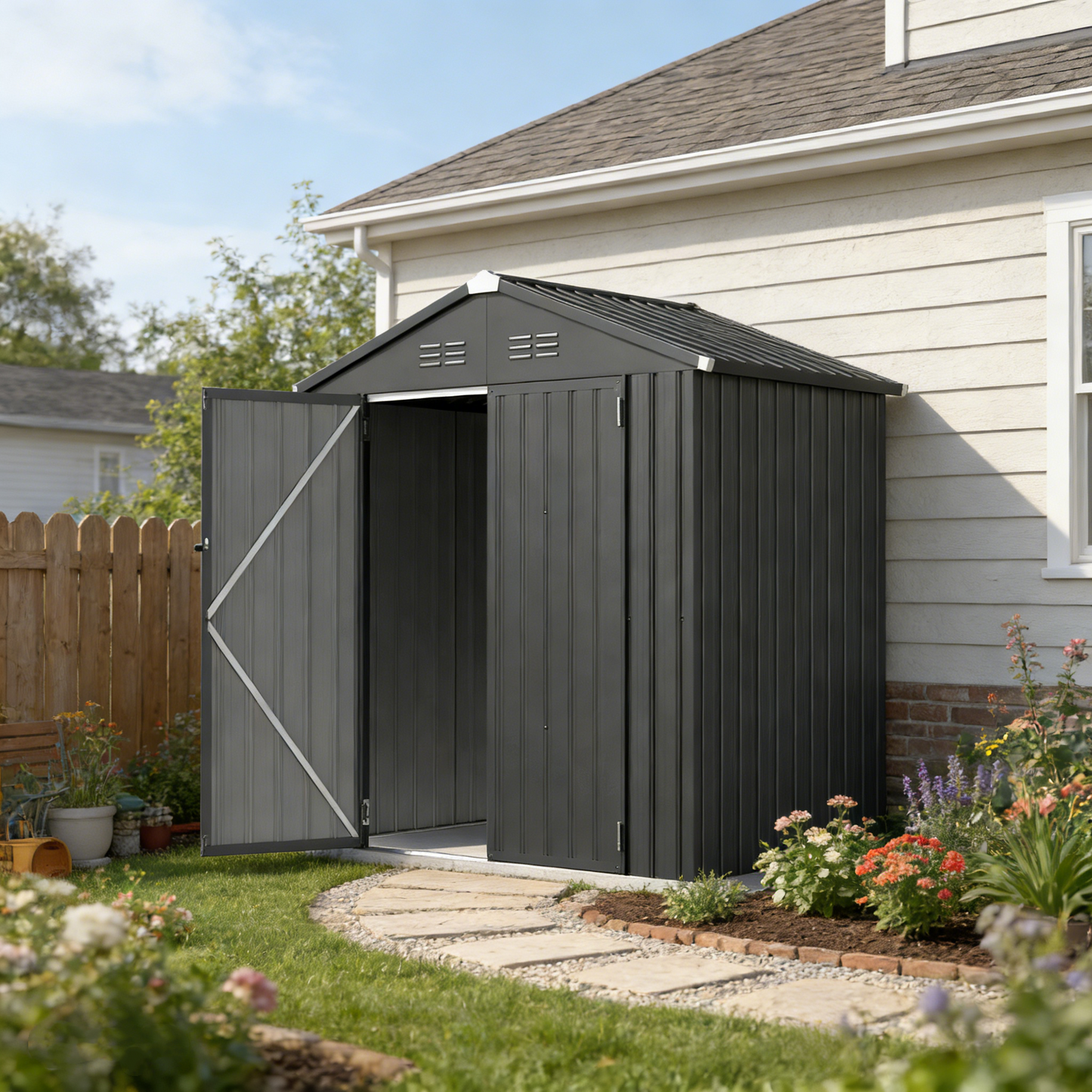 YODOLLA Shed 6' x 4' Storage Shed, Metal Sheds & Outdoor Storage, Dark Grey