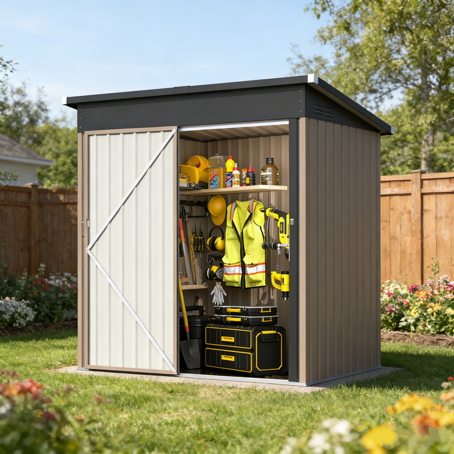 YODOLLA 5'x3' Outdoor Storage Shed with Floor Base, Small Metal Garden Sheds