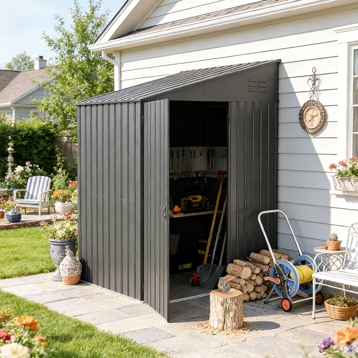 YODOLLA Outdoor 6' x 8' Metal Wall Side Lean to Storage Shed, Dark Gray
