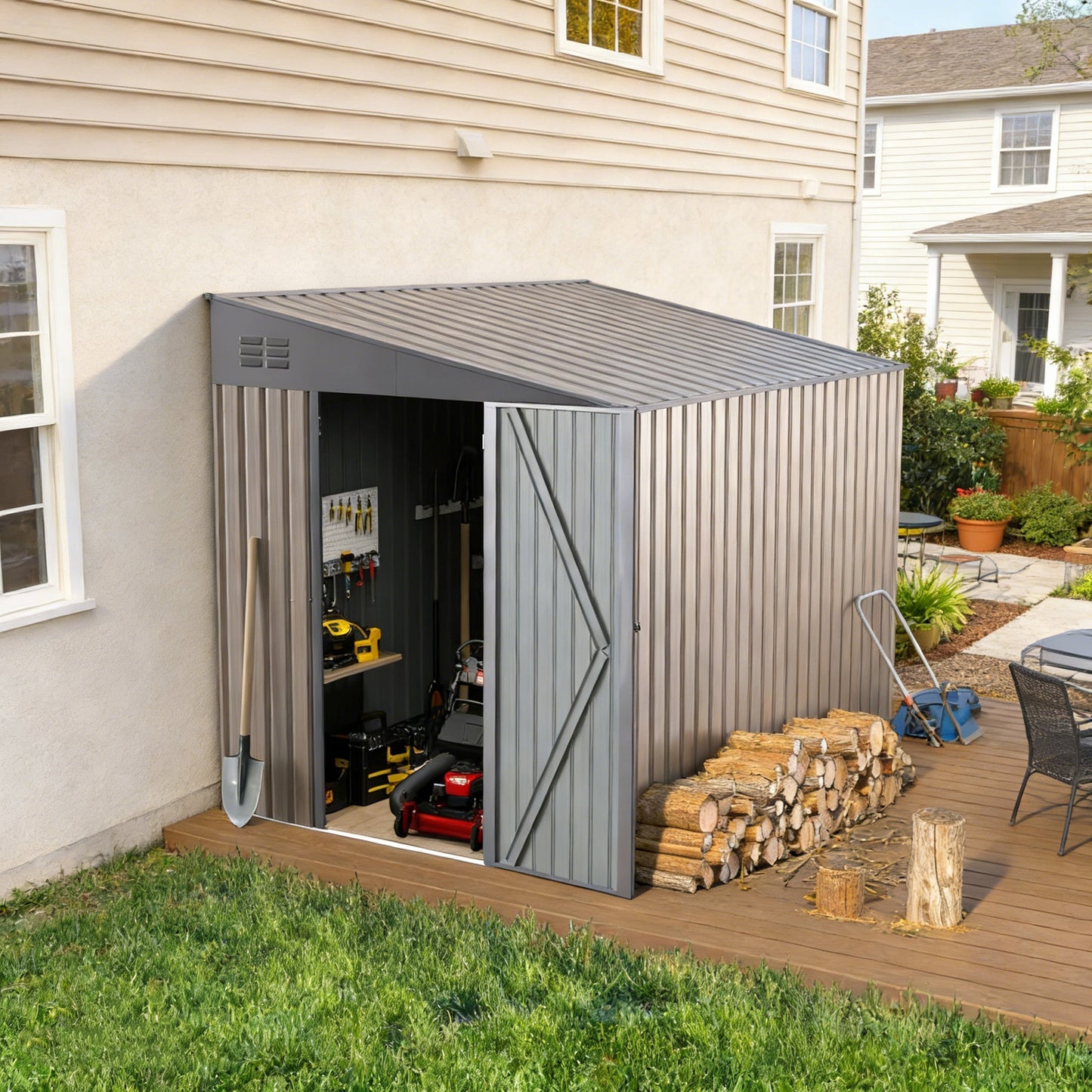 YODOLLA Outdoor 6' x 8' Metal Wall Side Lean to Storage Shed, Gray