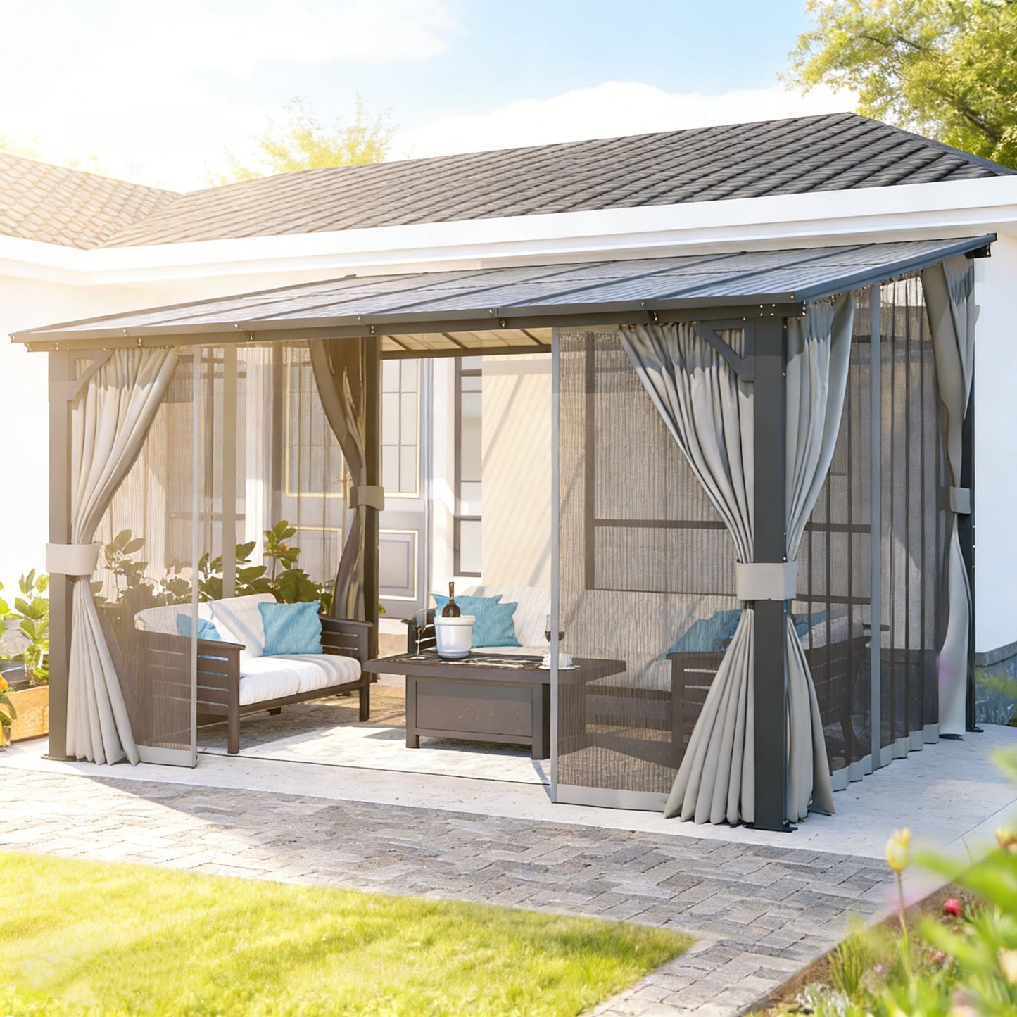 YODOLLA 12’ x 10’ Wall-Mounted Lean to Pergola Gazebo with Curtains and Netting