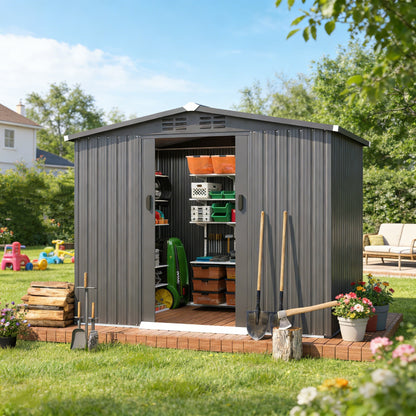 YODOLLA 6' x 8' Storage Shed with Sliding Door, Dark Grey