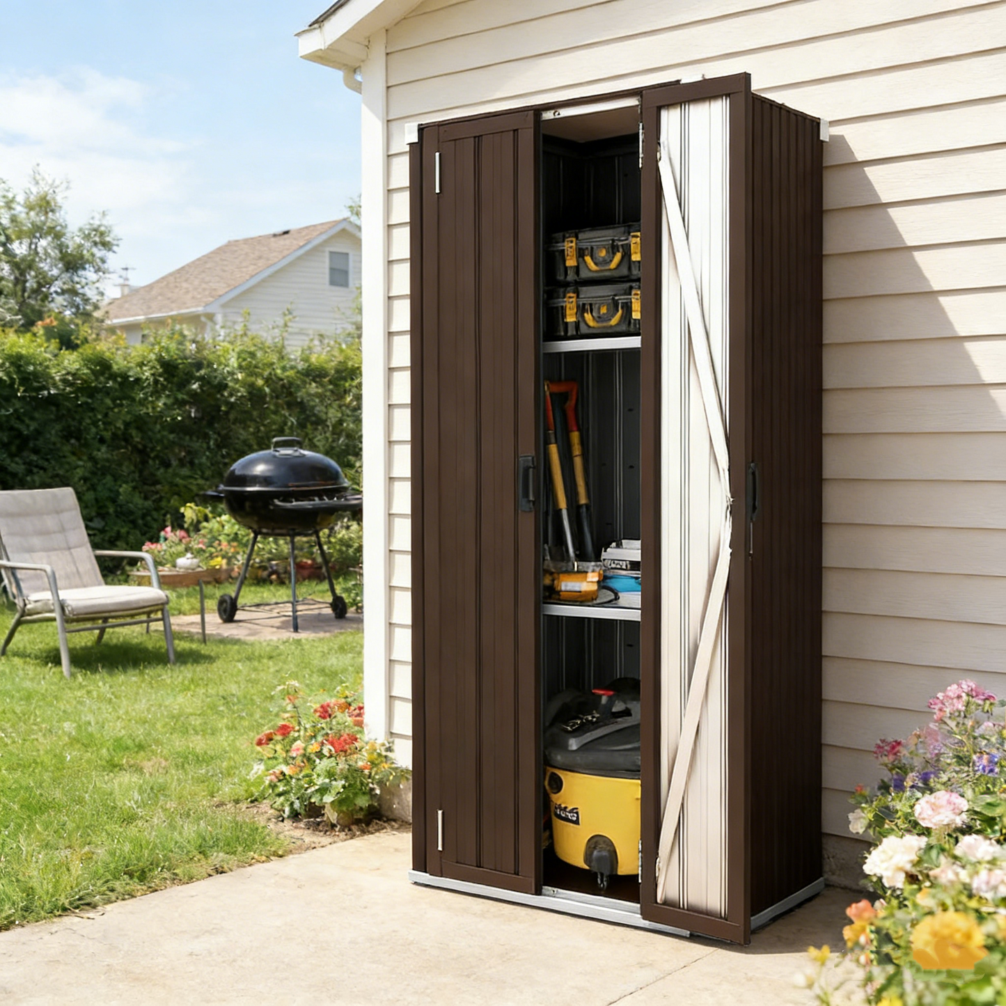 YODOLLA Outdoor Storage Cabinets with Shelves Metal Storage Cabinets Shed, Brown