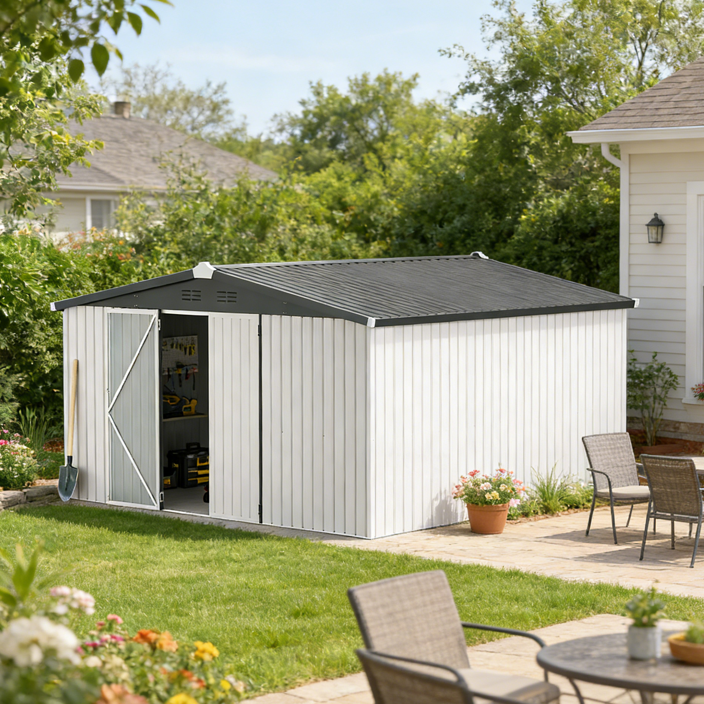 YODOLLA 12' x 12' Outdoor Storage Shed Large Metal Sheds, White