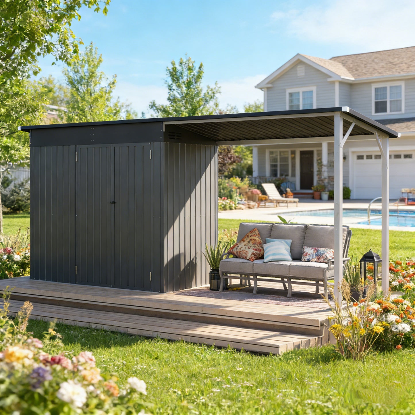 YODOLLA 8' x 4' Outdoor Open-Sided Metal Storage Shed with 56 Sq. Ft Covered