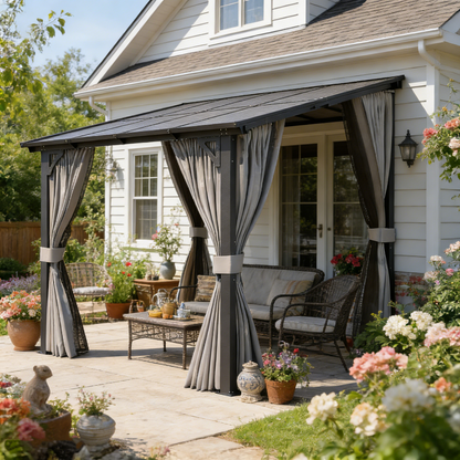YODOLLA 10' X 8' Small Wall-Mounted Lean to Pergola Gazebo with Curtains and Netting