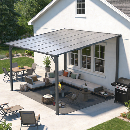 YODOLLA 12' x 12' Gazebo Outdoor Pergola, Wall-Mounted Hard Top Metal Gazebo Shelter