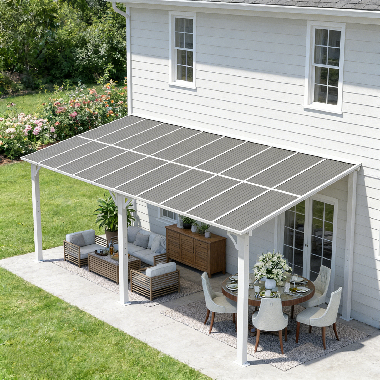 YODOLLA 20' x 8' Gazebo Wall-Mounted Hard Top Lean to Metal Shelter Pergolas, White