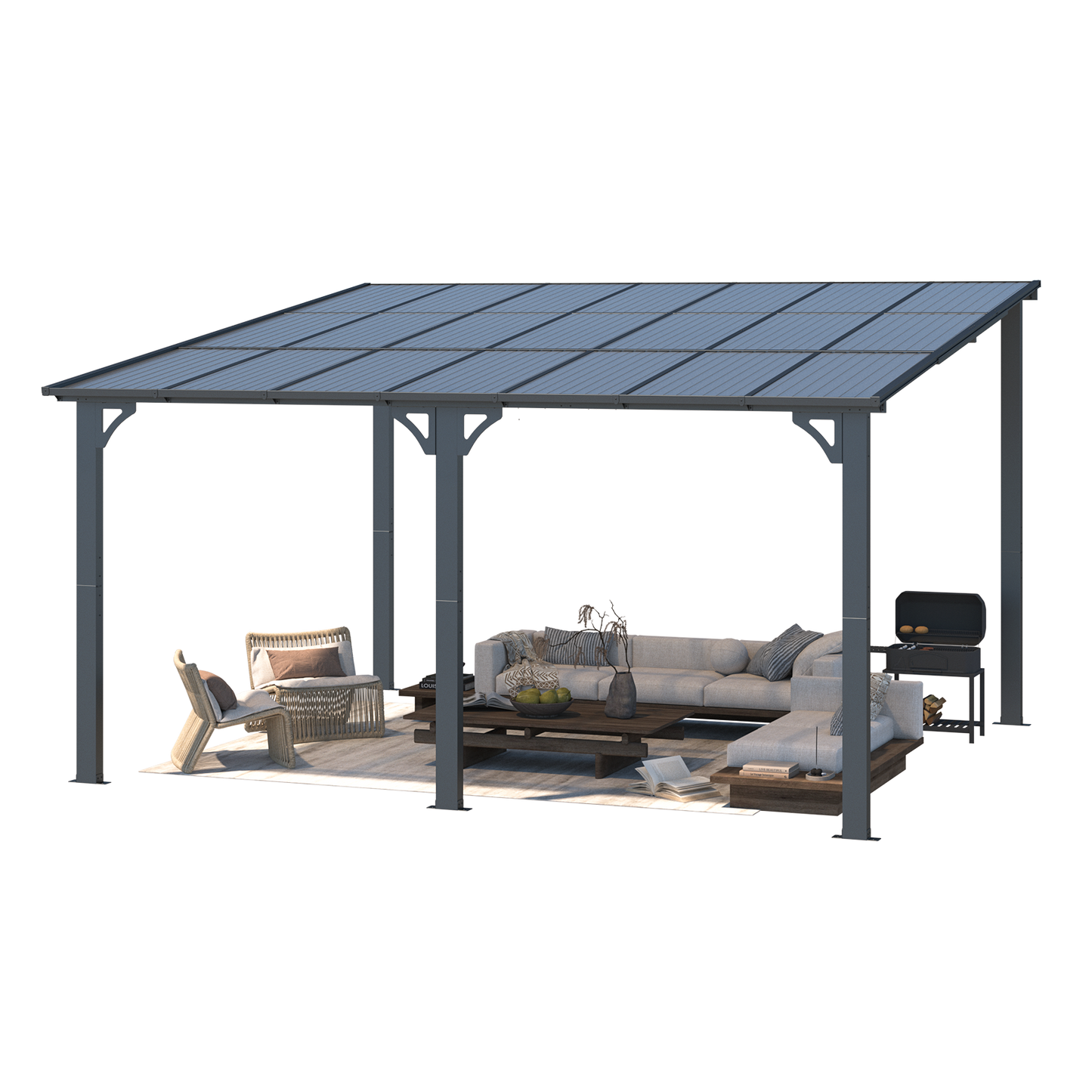 YODOLLA 14' x 12' Outdoor Pergola, Large Wall-Mounted Hard Top Gazebo, Dark Gray