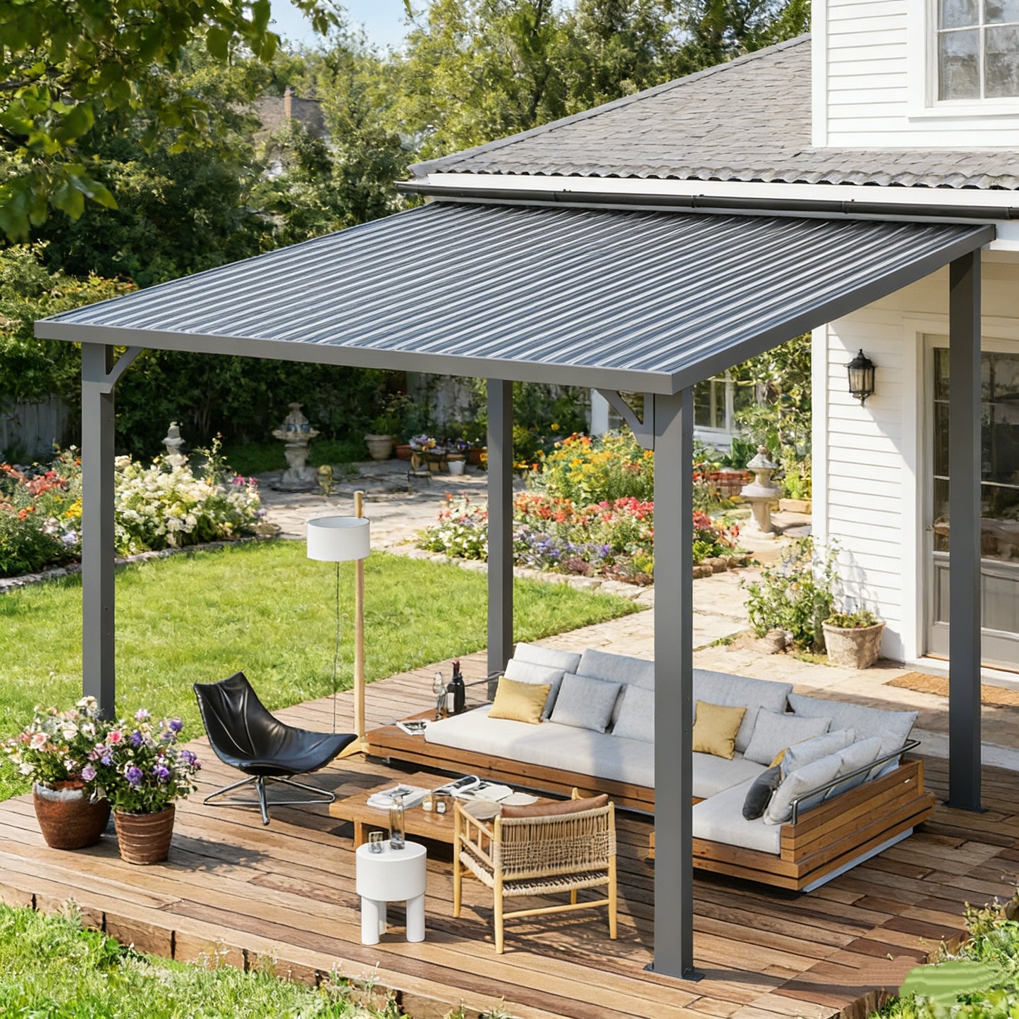 YODOLLA Pergola 10'x8' Hardtop Wall-Mounted Lean to Gazebo for Patio, Dark Grey