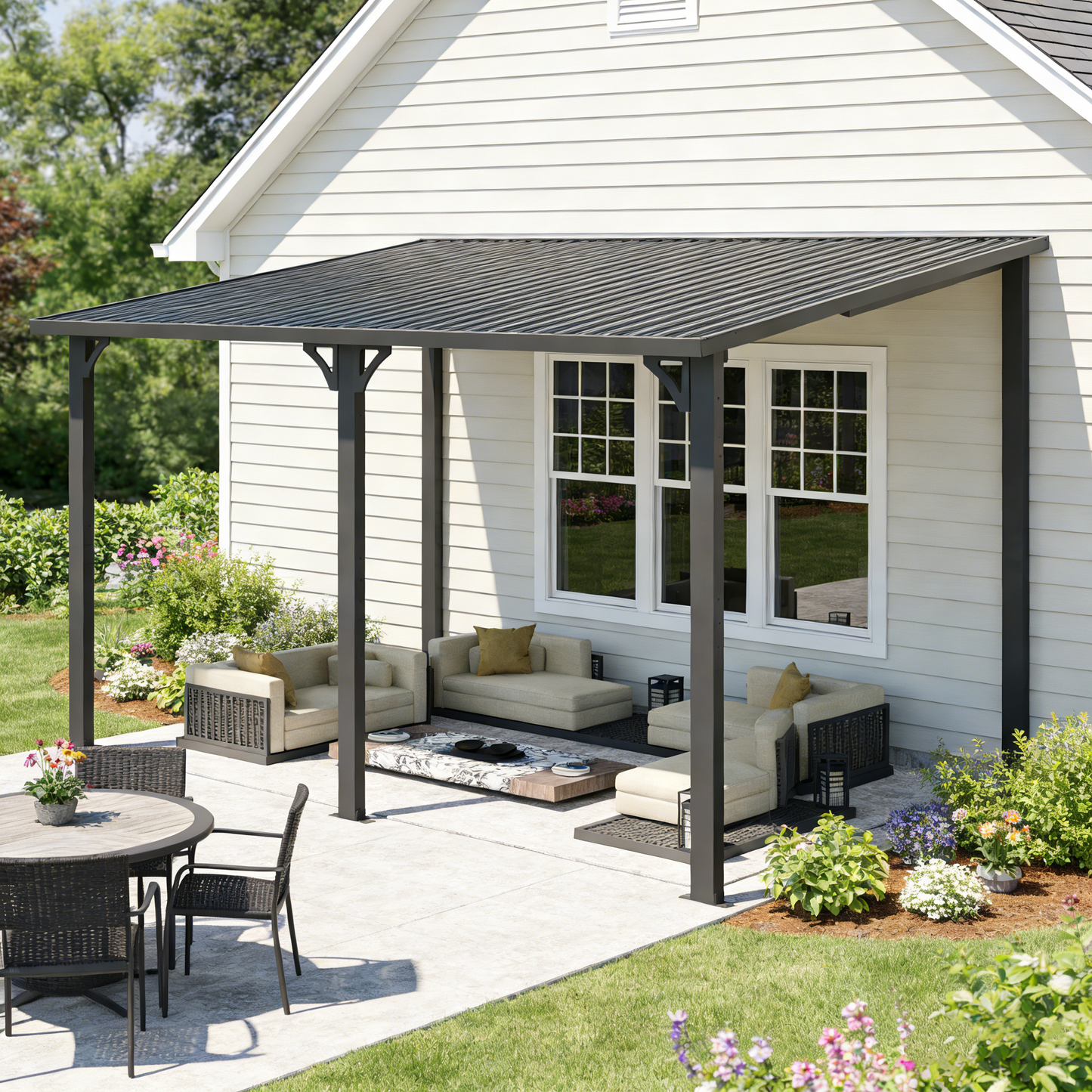 YODOLLA 14' x 10' Hard Top Lean to Gazebo Outdoor Pergola, Dark Grey