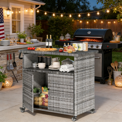 YODOLLA Outdoor Bar Cart with Storage Cabinet, Rattan Bar Table on Wheels