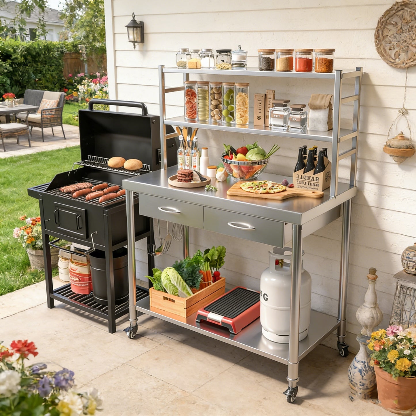 YODOLLA 48"x24" Stainless Steel Table with Shelves and Drawer