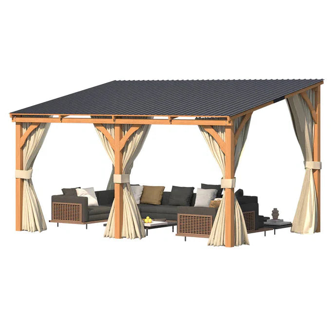 YODOLLA 10x14 Outdoor Wooden Pergola Gazebo with Curtains and Netting for Patio