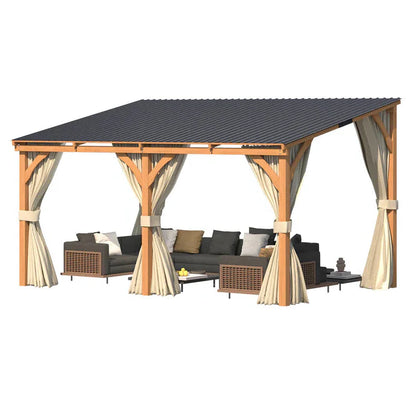 YODOLLA 10x14 Outdoor Wooden Pergola Gazebo with Curtains and Netting for Patio