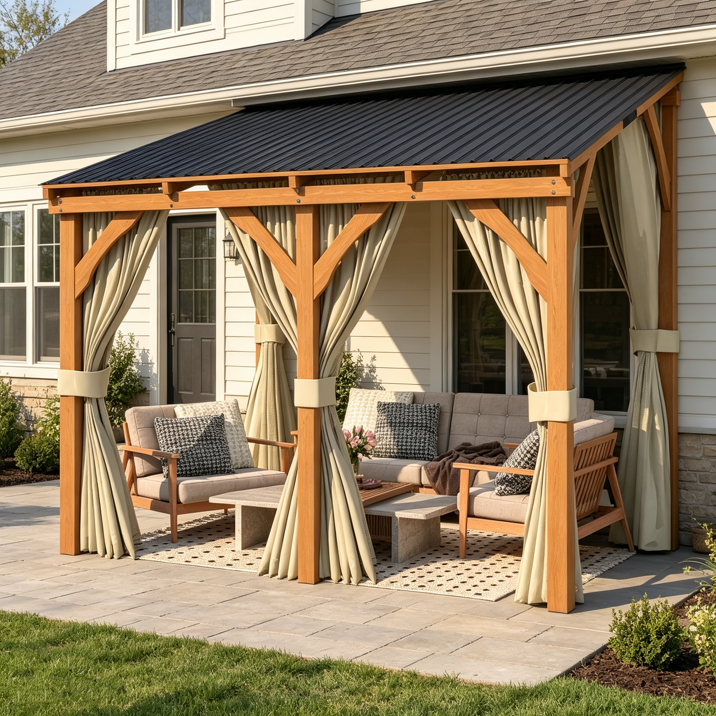 YODOLLA 10x10 Outdoor Wooden Pergola Gazebo with Curtains and Netting for Patio