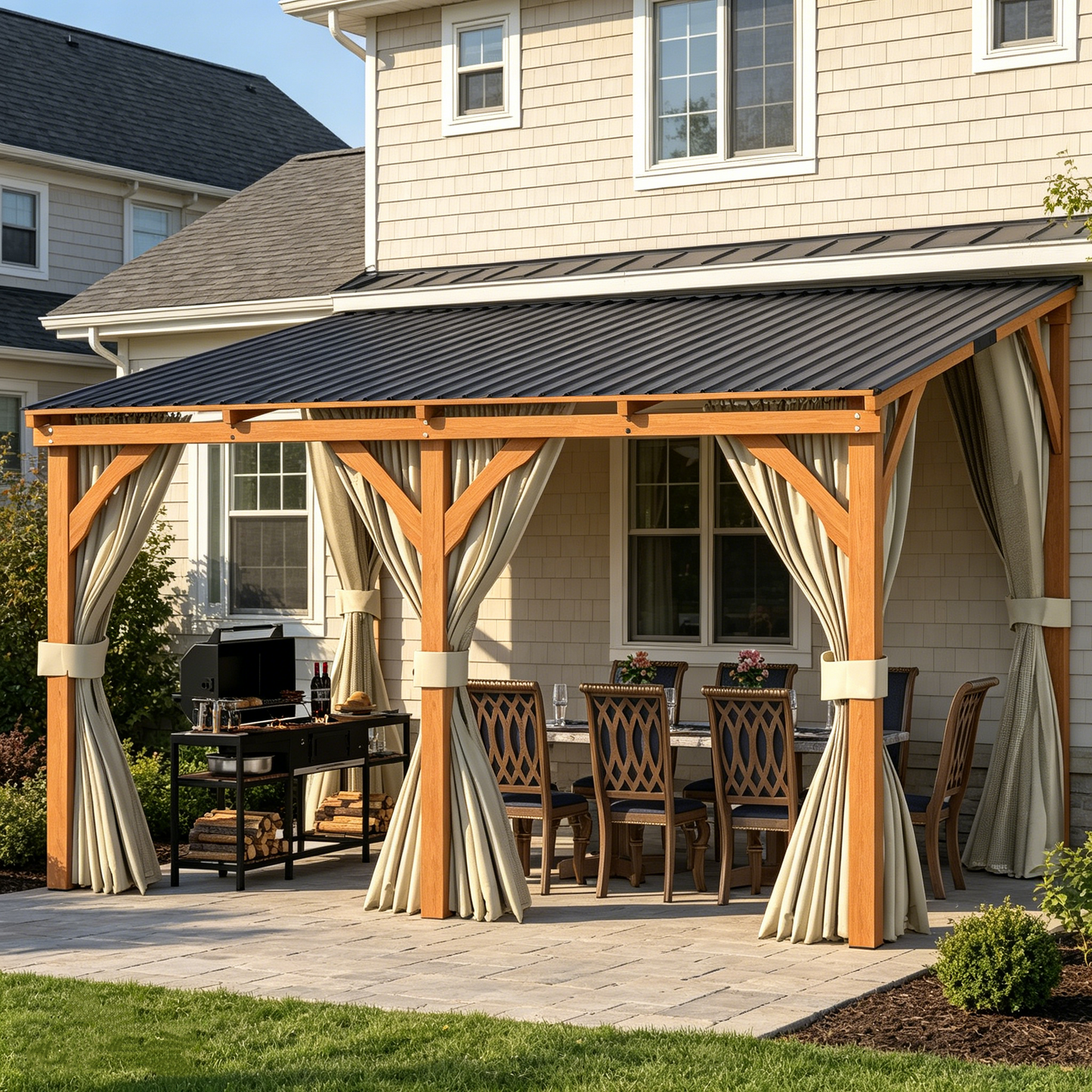YODOLLA 12x10 Outdoor Wooden Pergola Gazebo with Curtains and Netting for Patio