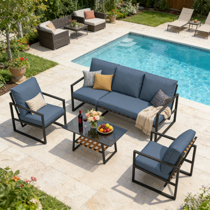 YODOLLA 4 Piece Outdoor Garden Furniture Set, 3-Seater Sofa & 2 Armchairs