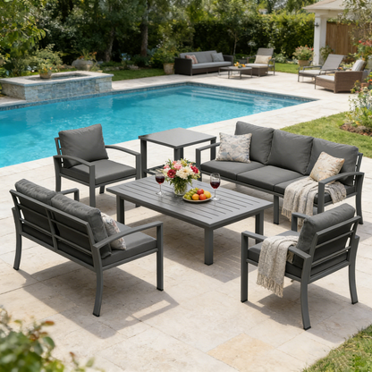 YODOLLA Metal Patio Furniture Set 7 Seats Modern Outdoor Furniture with Coffee Table & Side Table