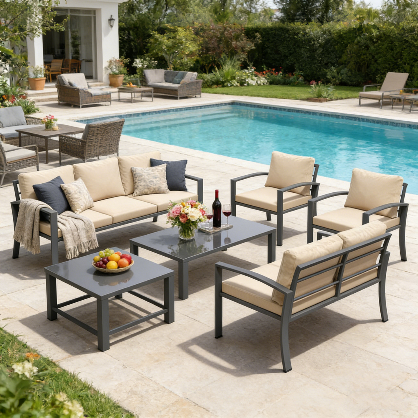 YODOLLA Metal Patio Furniture Set 7 Seats Modern Outdoor Furniture with Coffee Table & Side Table
