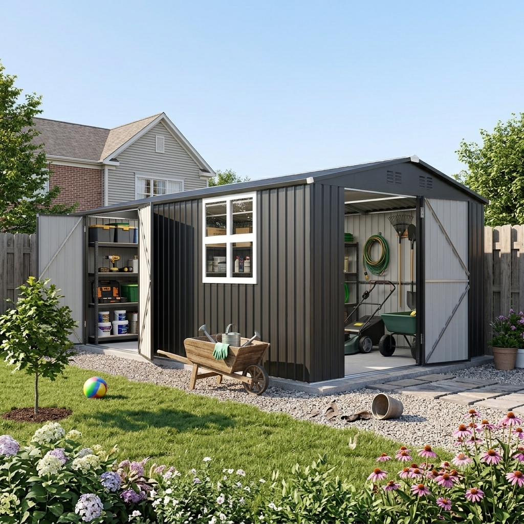 YODOLLA 20' x 10' Outdoor Storage Shed Large 10x20 Metal Sheds with Windows Utility Tool Storage
